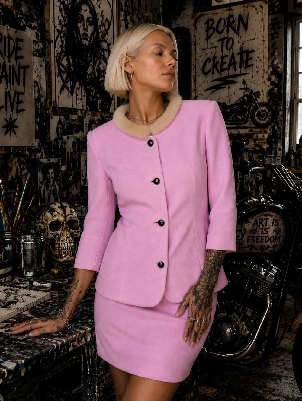 Vintage Laurèl (Escada) Pink Angora & Virgin Wool Fur Trim Skirt Suit Set